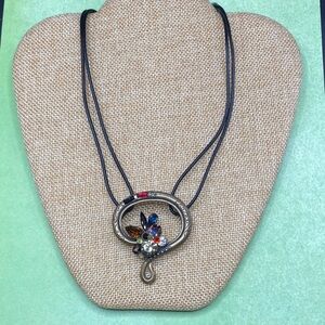 CHICO’S Dazzling Rhinestones Brass On Black Leatherette Cording Necklace
